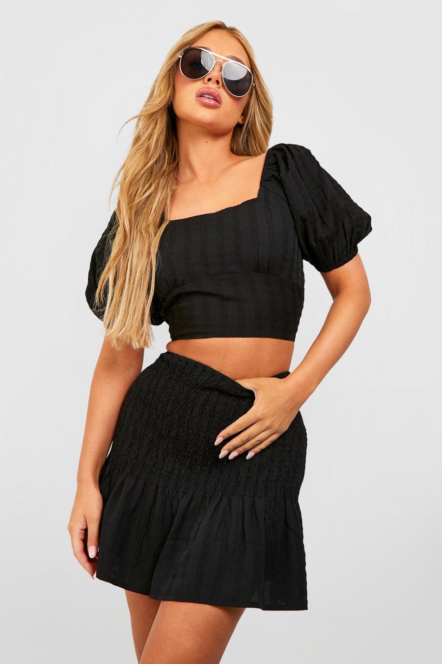 Black Seersucker Puff Sleeve Crop & Shirred Mini Skirt image number 1