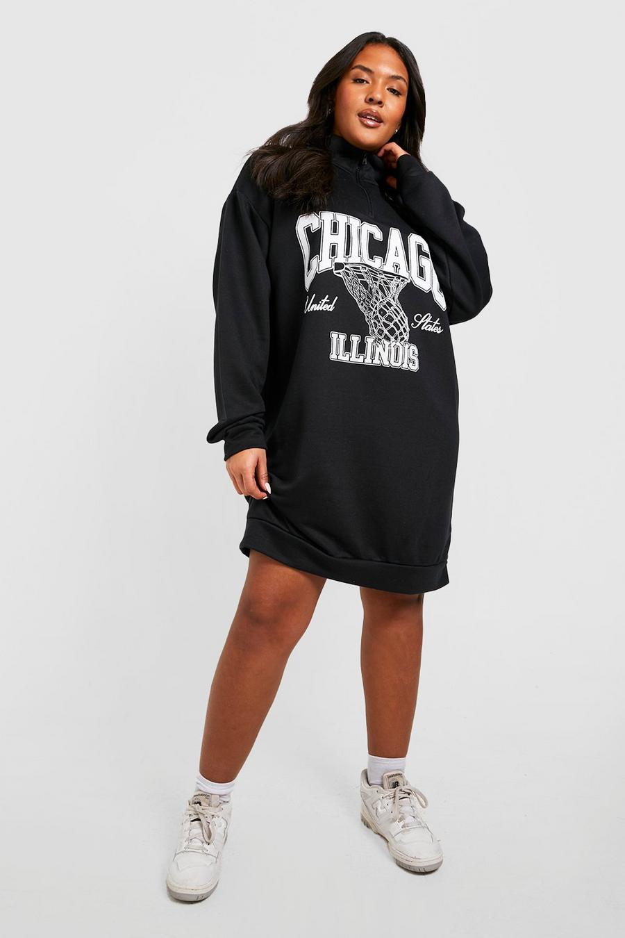 Vestito in felpa Plus Size con scritta Chicago e zip corta, Black