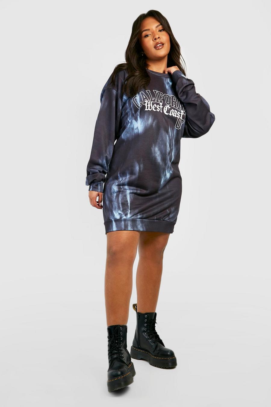 Grande taille - Robe sweat tie dye à slogan California, Charcoal grey image number 1