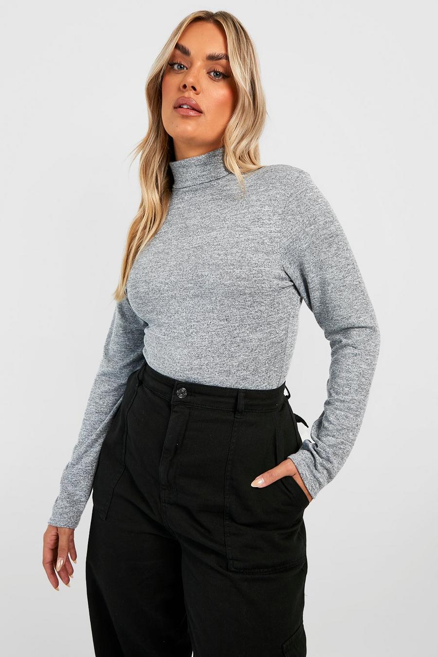 Grey Plus Melange Knitted Turtleneck Bodysuit image number 1