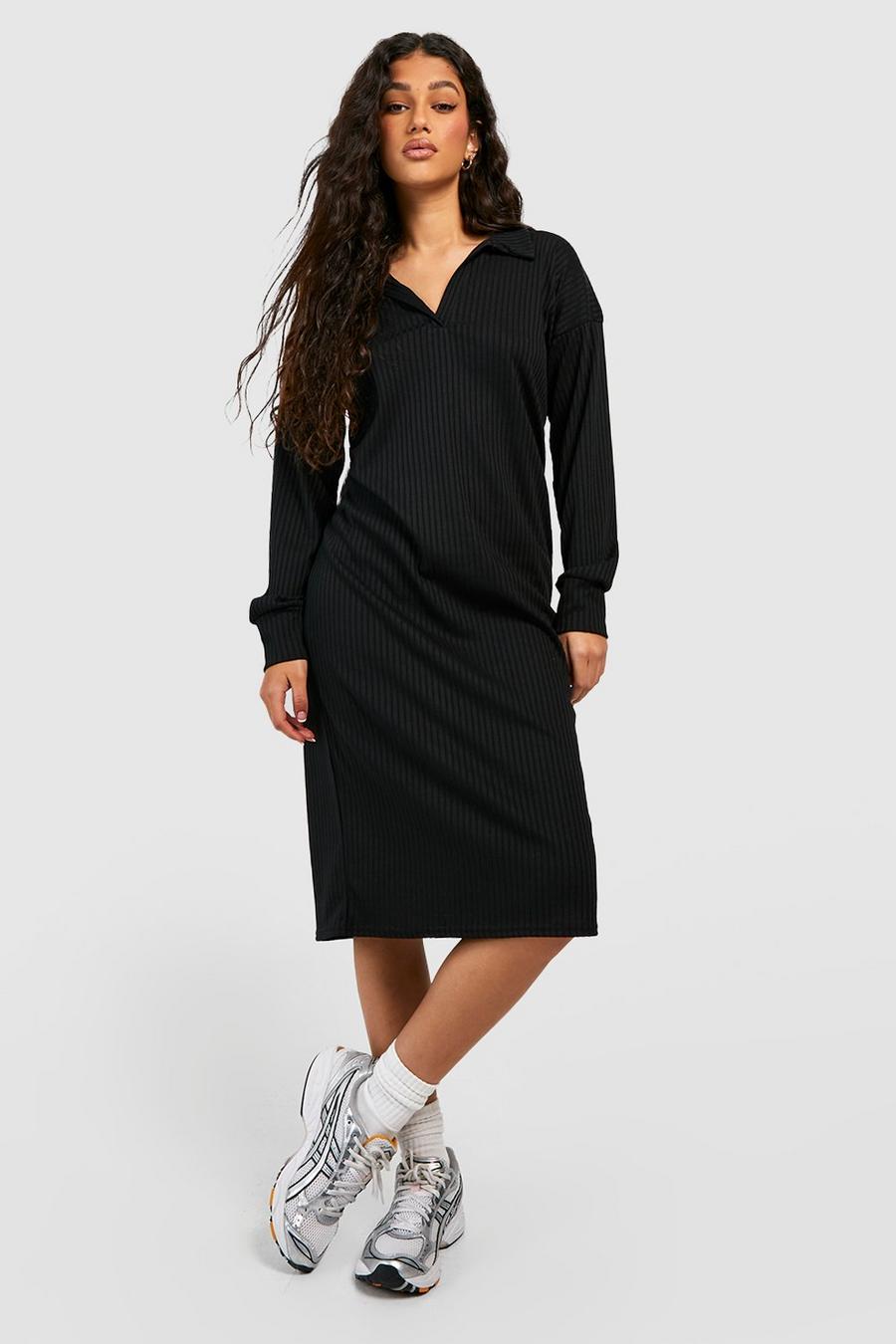 Black Soft Rib Long Sleeve Polo Midi Jumper Dress image number 1