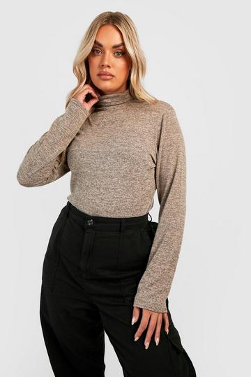 Stone Beige Plus Melange Knitted Turtleneck Sweater
