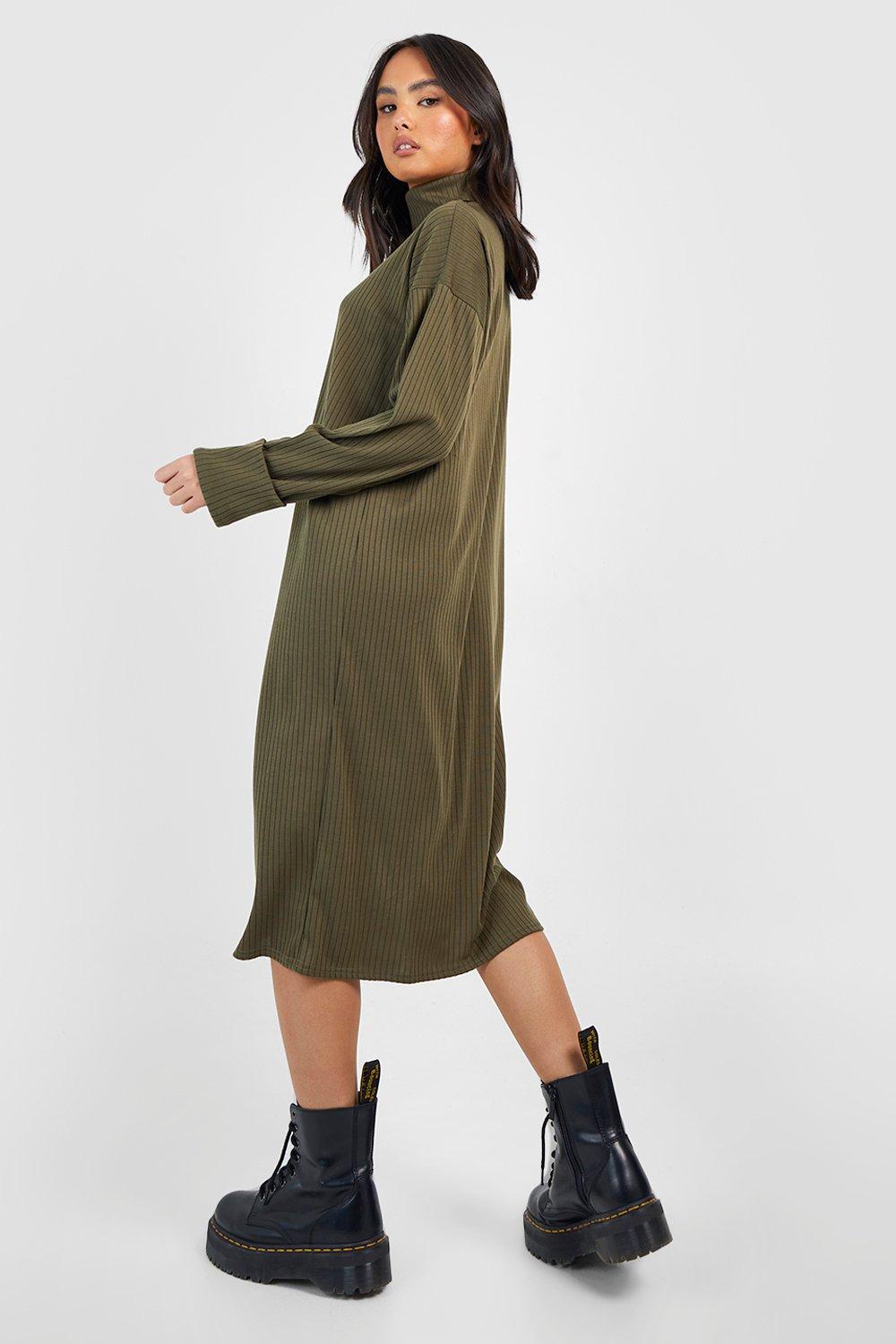 Soft Rib Turned Cuff Roll Neck Midi Jumper Dress boohoo