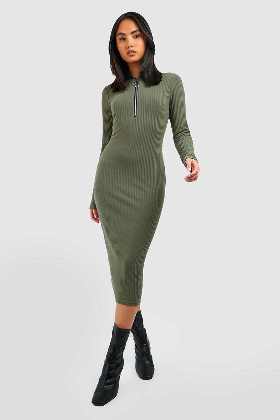Khaki Long Sleeve Zip Front Soft Rib Midi Dress