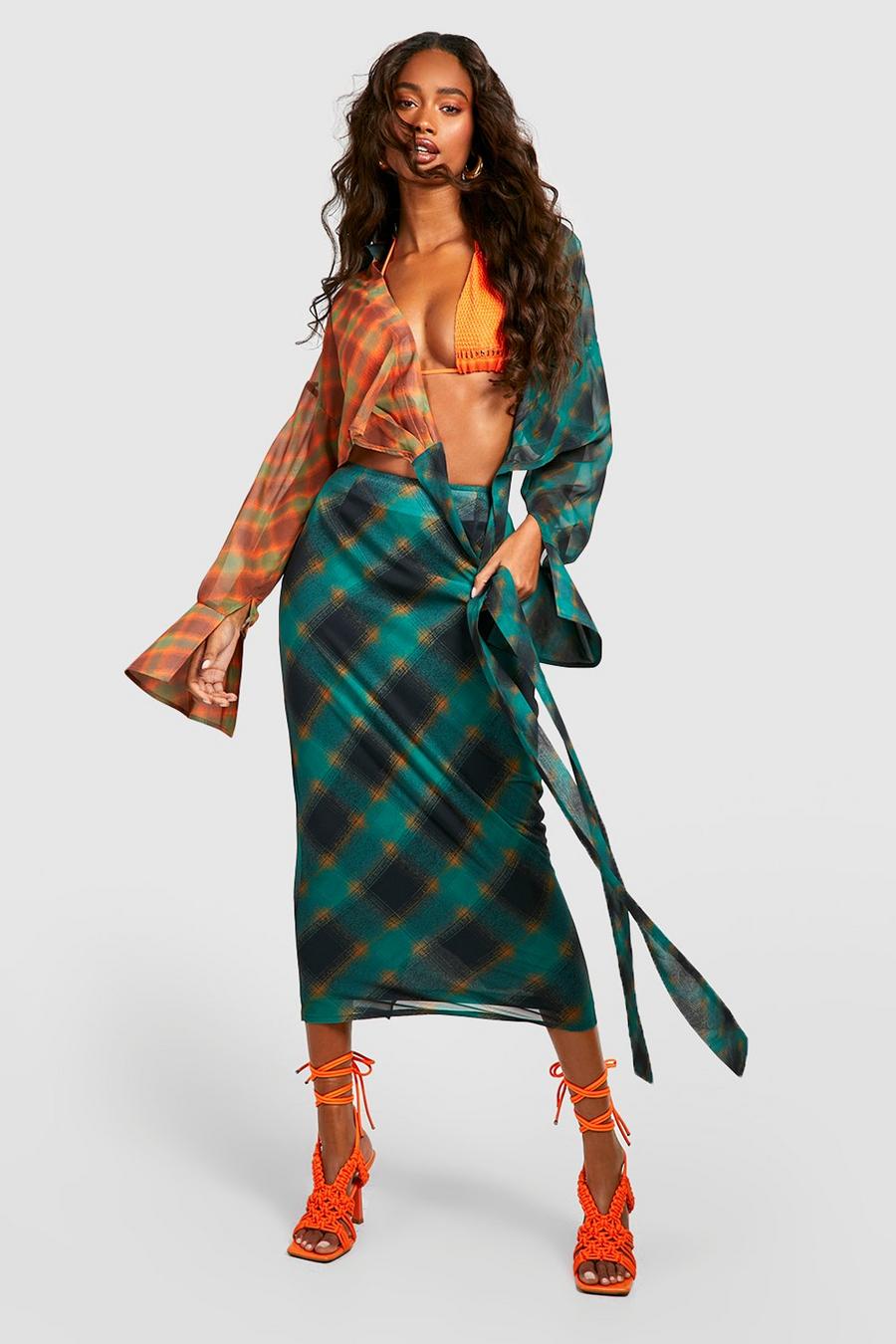 Khaki Thigh Split Flannel Midi Skirt