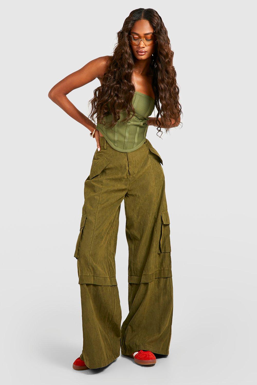 Women's Khaki Wide Leg Woven Cargo Trousers