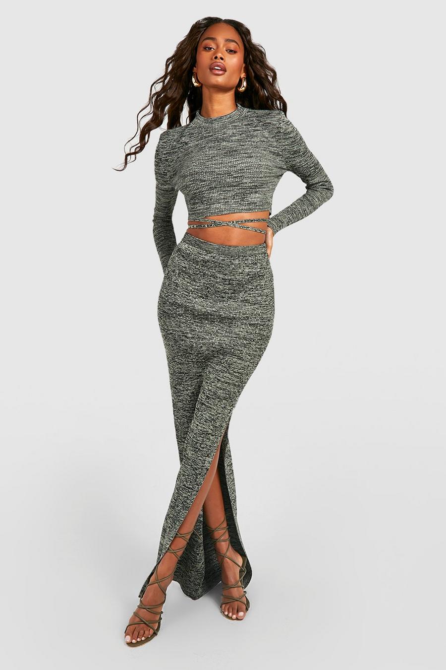 Khaki Marl Knit Wrap Crop Jumper And Thigh Split Skirt Set image number 1
