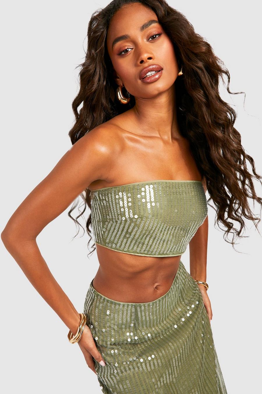 Womens Tops Sparkling Sequin Cropped Strapless Bandeau Tube Top