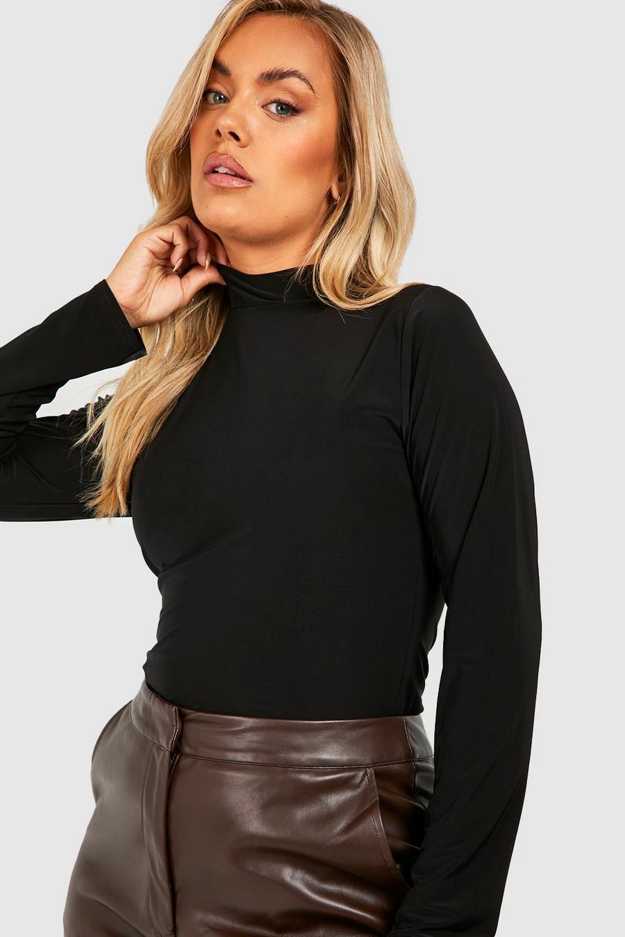 Black Plus Double Layer High Neck Long Sleeve Top image number 1