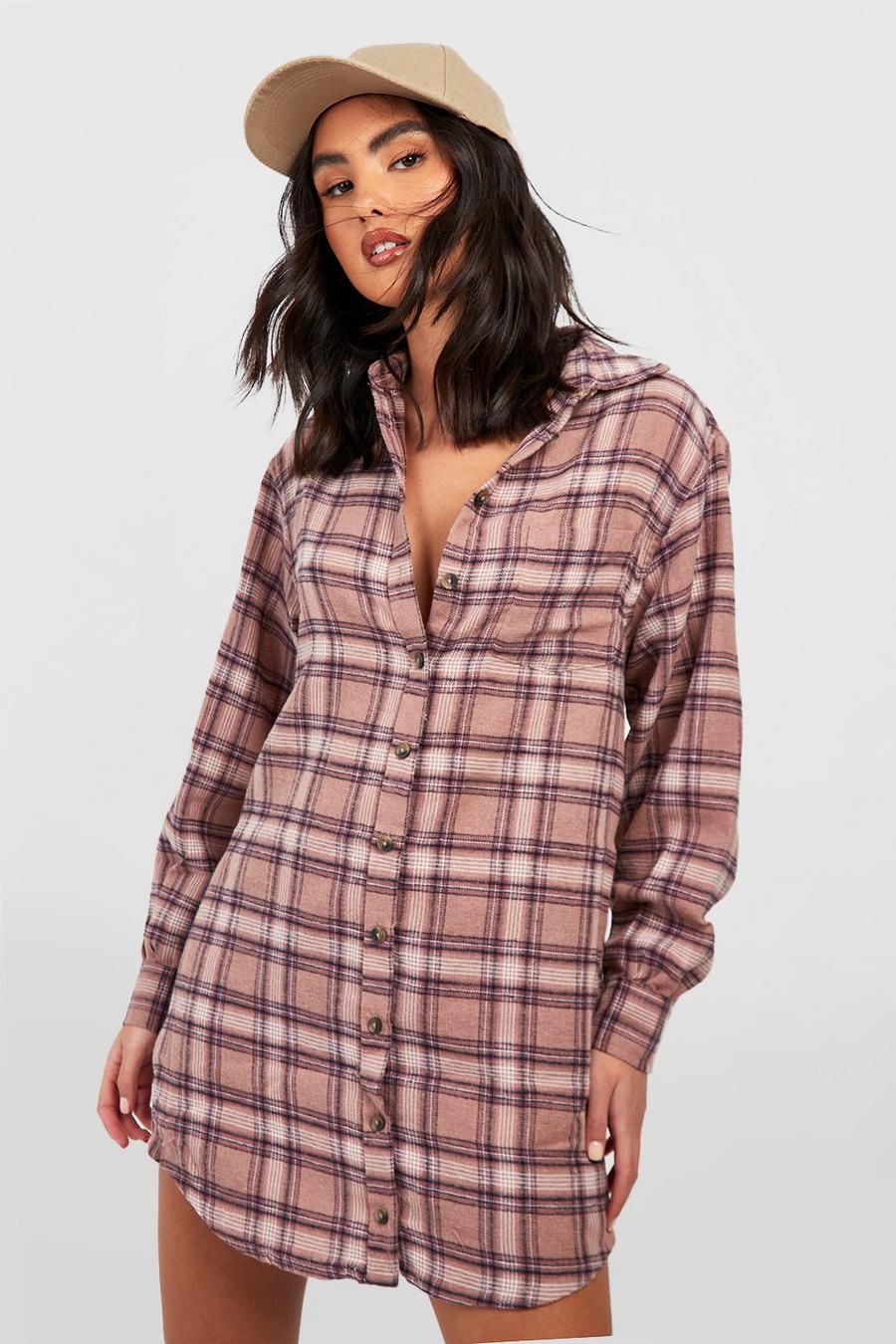 Peach Flannel Print Shirt Dress image number 1
