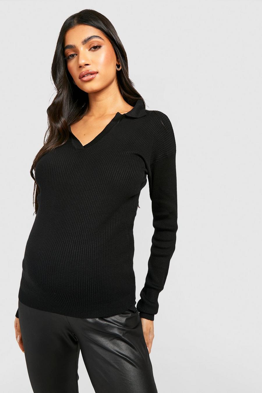 Black Maternity Collared Rib Knit Top image number 1