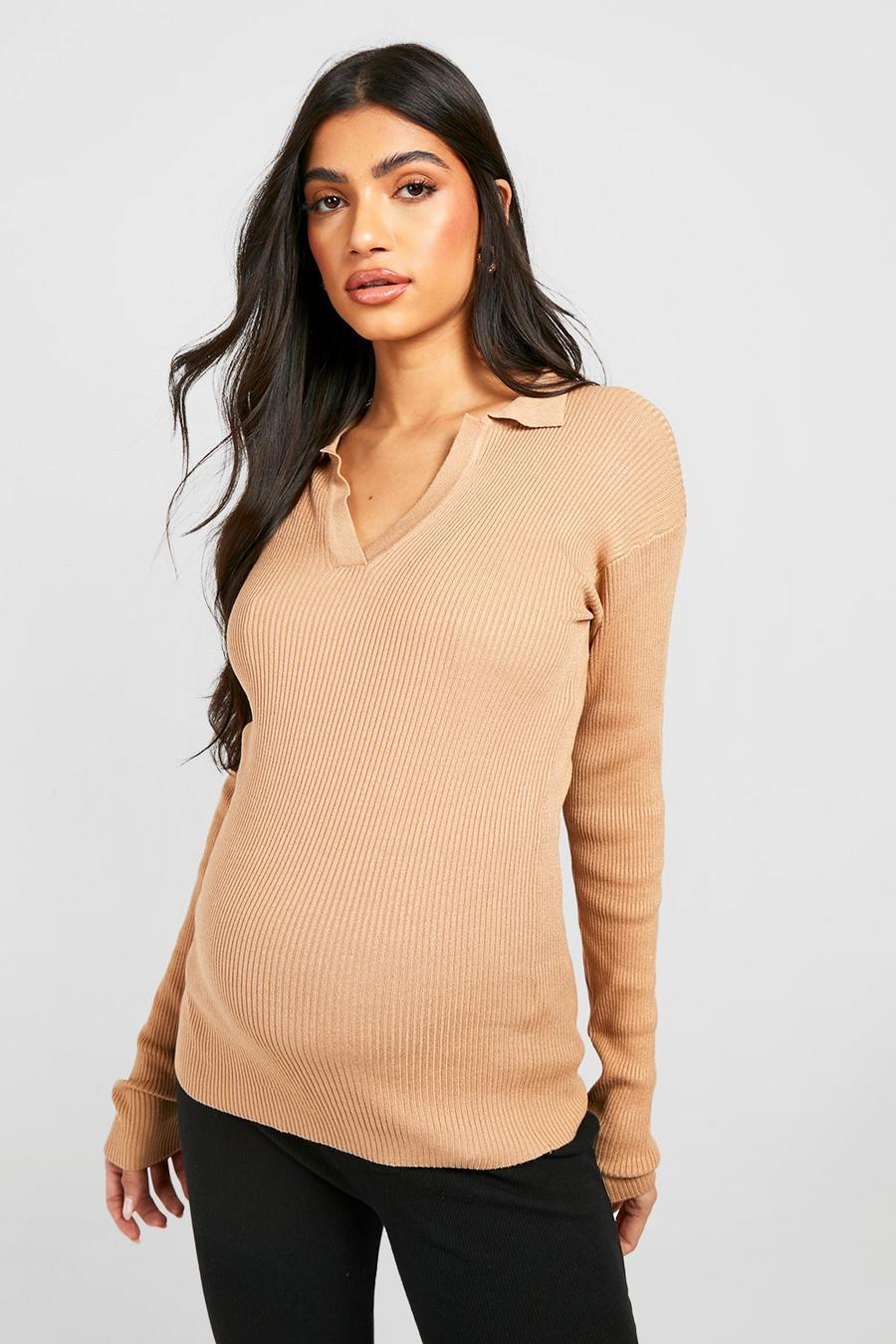 Toffee beige Maternity Collared Rib Knit Top