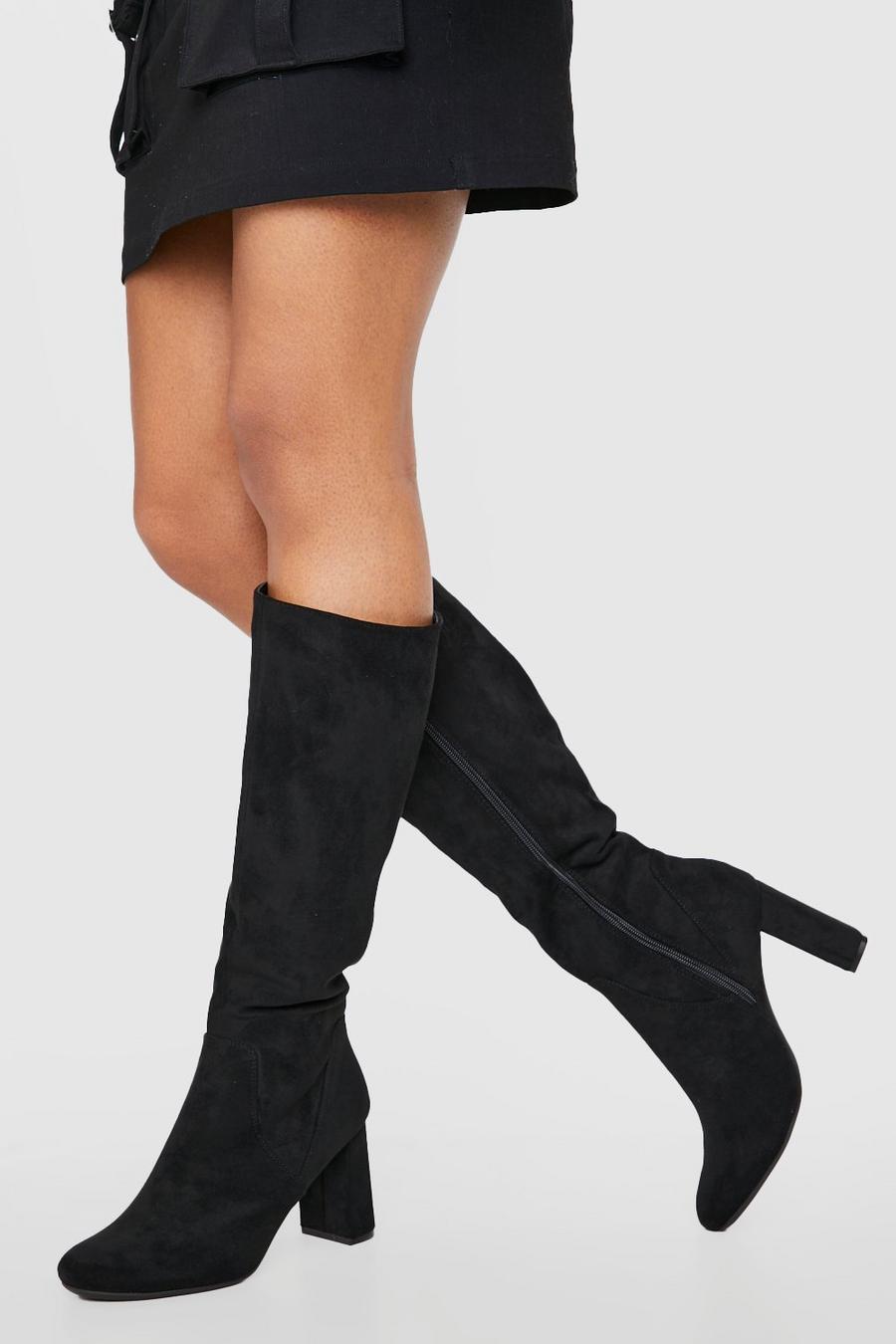 Black Faux Suede Knee High Heeled Boots image number 1