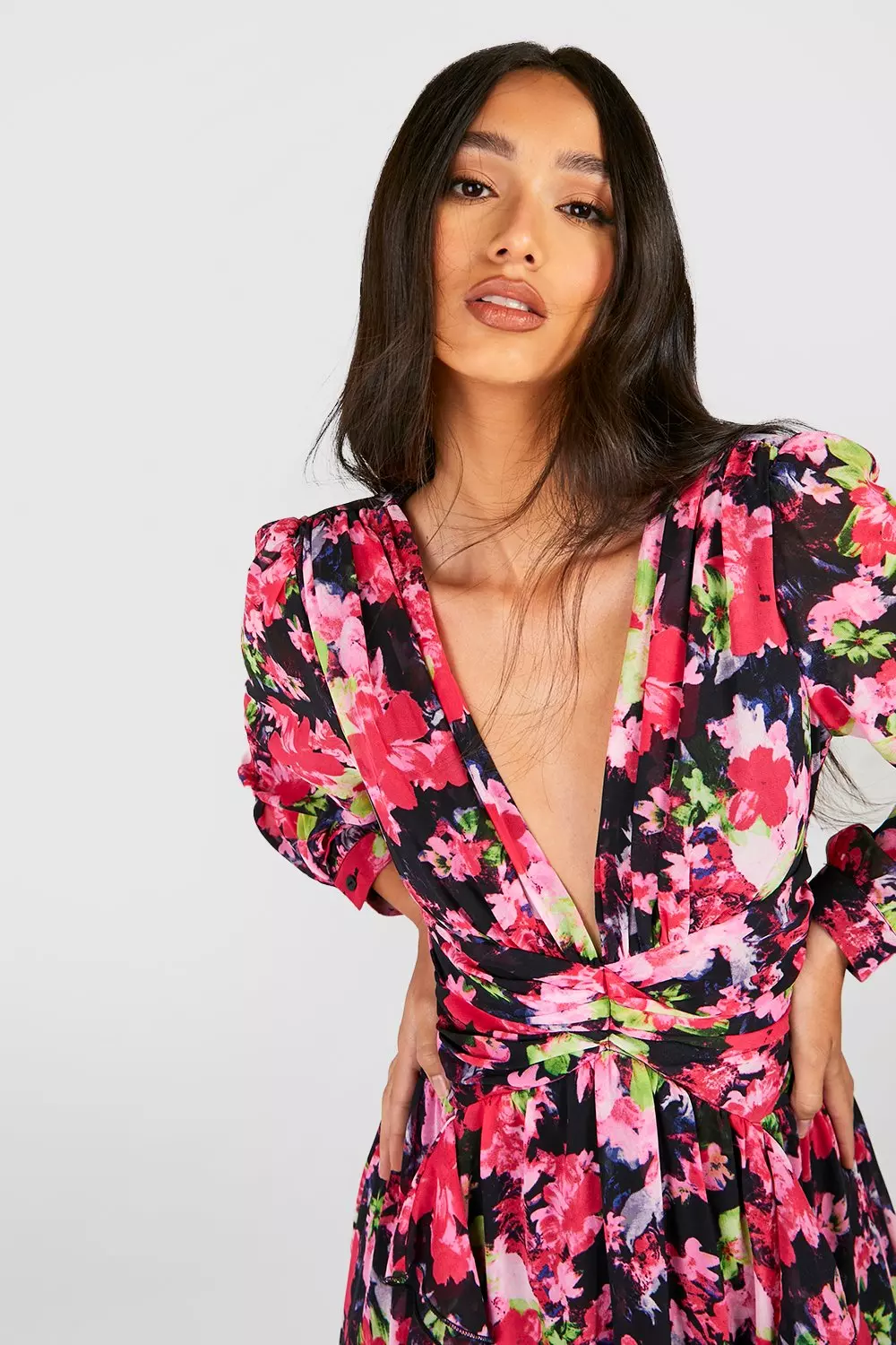 Long sleeve floral ruffle on sale dress