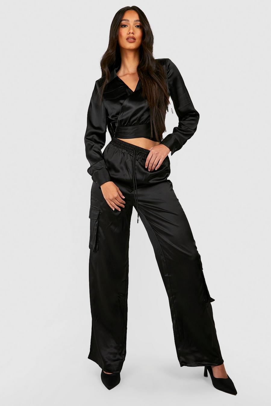 Black Satin Cargo Trousers  image number 1