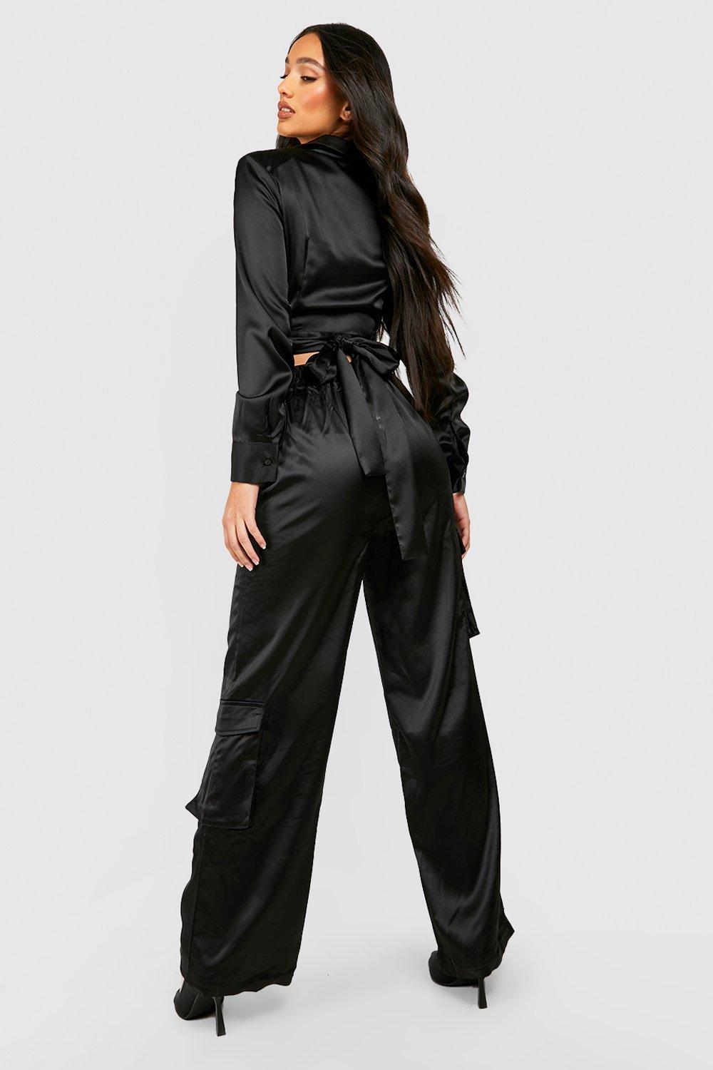 Buy Boohoo Satin Tie Cuff Cargo Joggers In Black