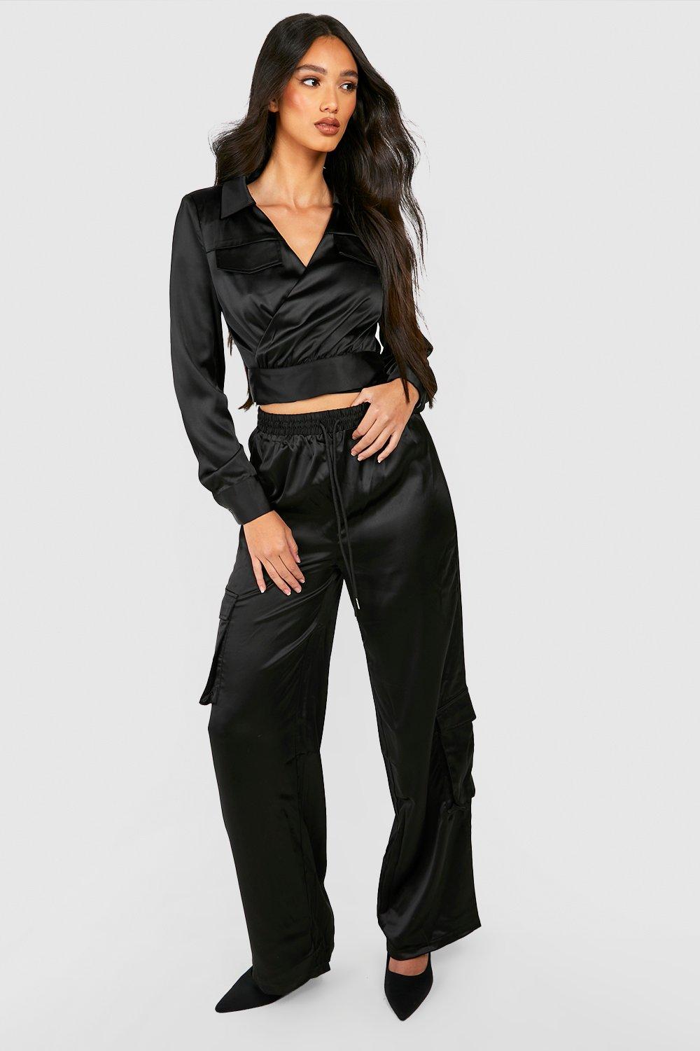 Buy Boohoo Satin Tie Cuff Cargo Joggers In Black