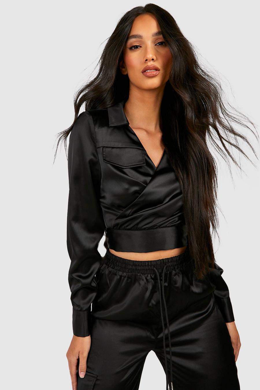 Black Satin Flare Cuff Belted Wrap Shirt  image number 1