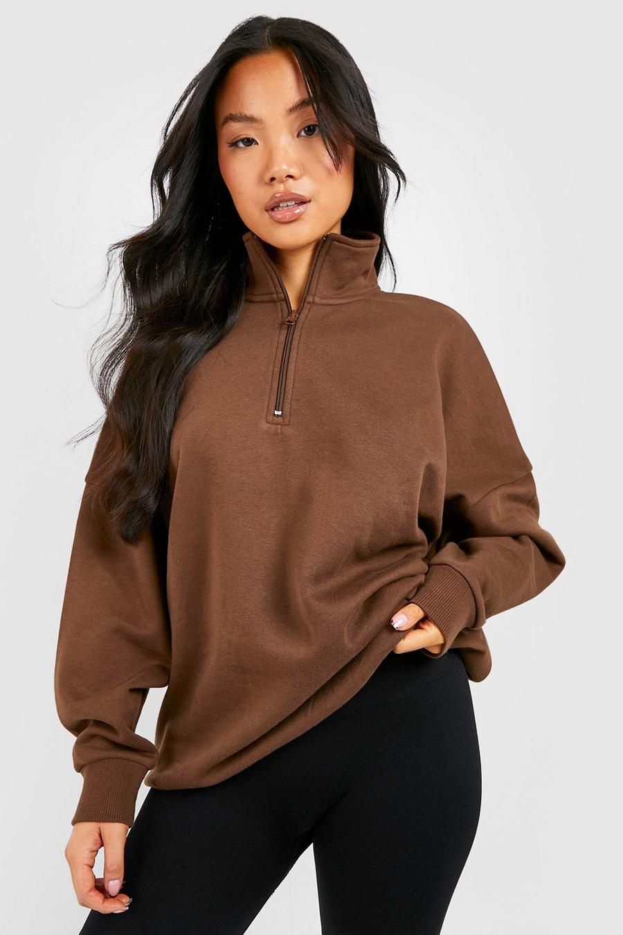 Petite Oversize Sweatshirt mit halbem Reißverschluss, Chocolate brown