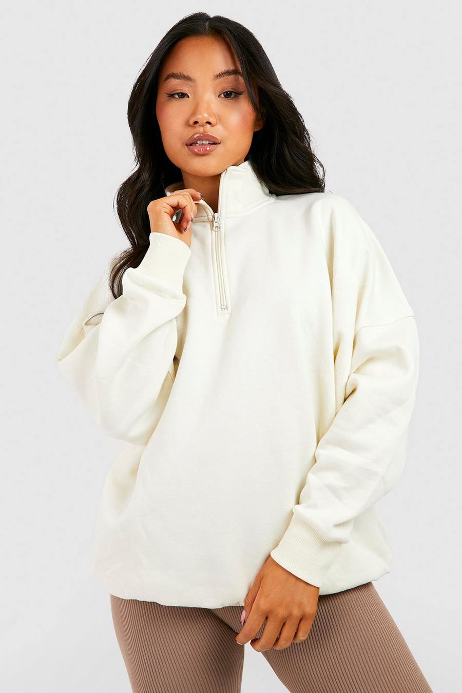 Petite Oversize Sweatshirt mit halbem Reißverschluss, Ecru blanc image number 1