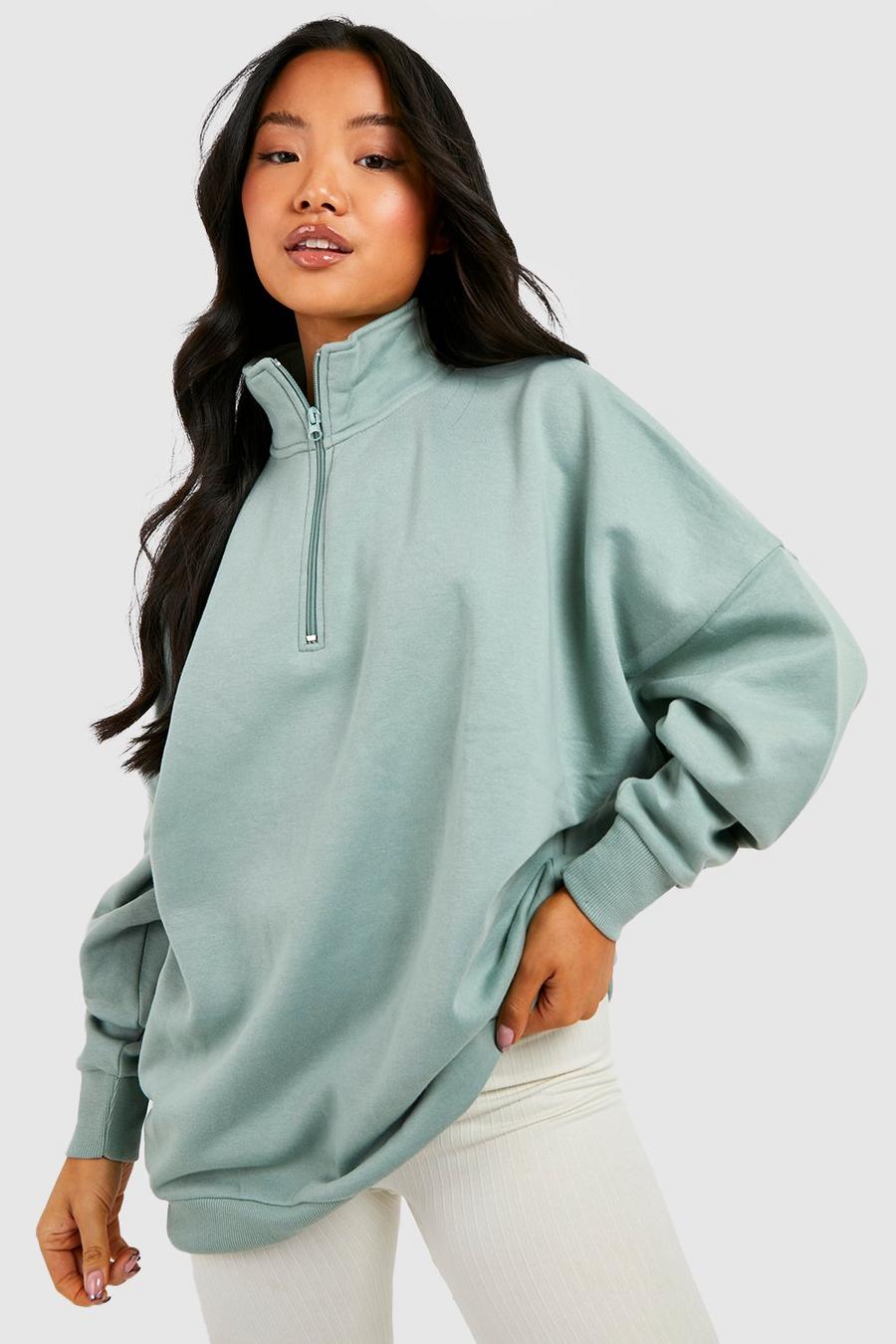 Sage grön Petite Half Zip Oversized Sweater