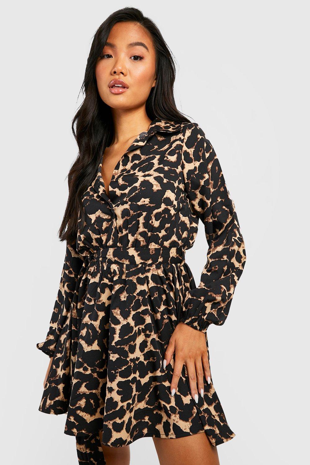 Women's Petite Leopard Print Skater Shirt Dress