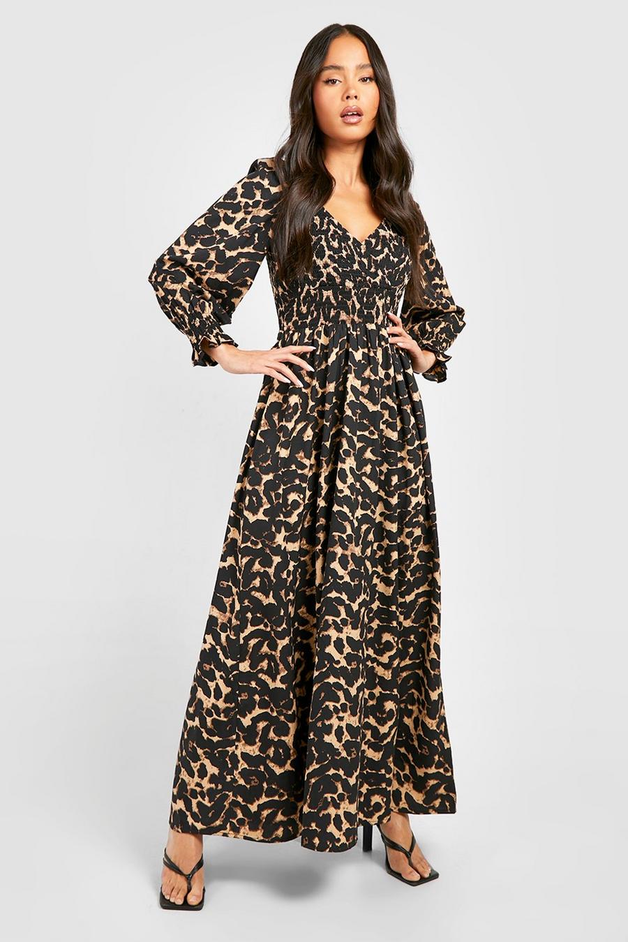 Black Petite Leopard Shirred Detail Maxi Dress image number 1
