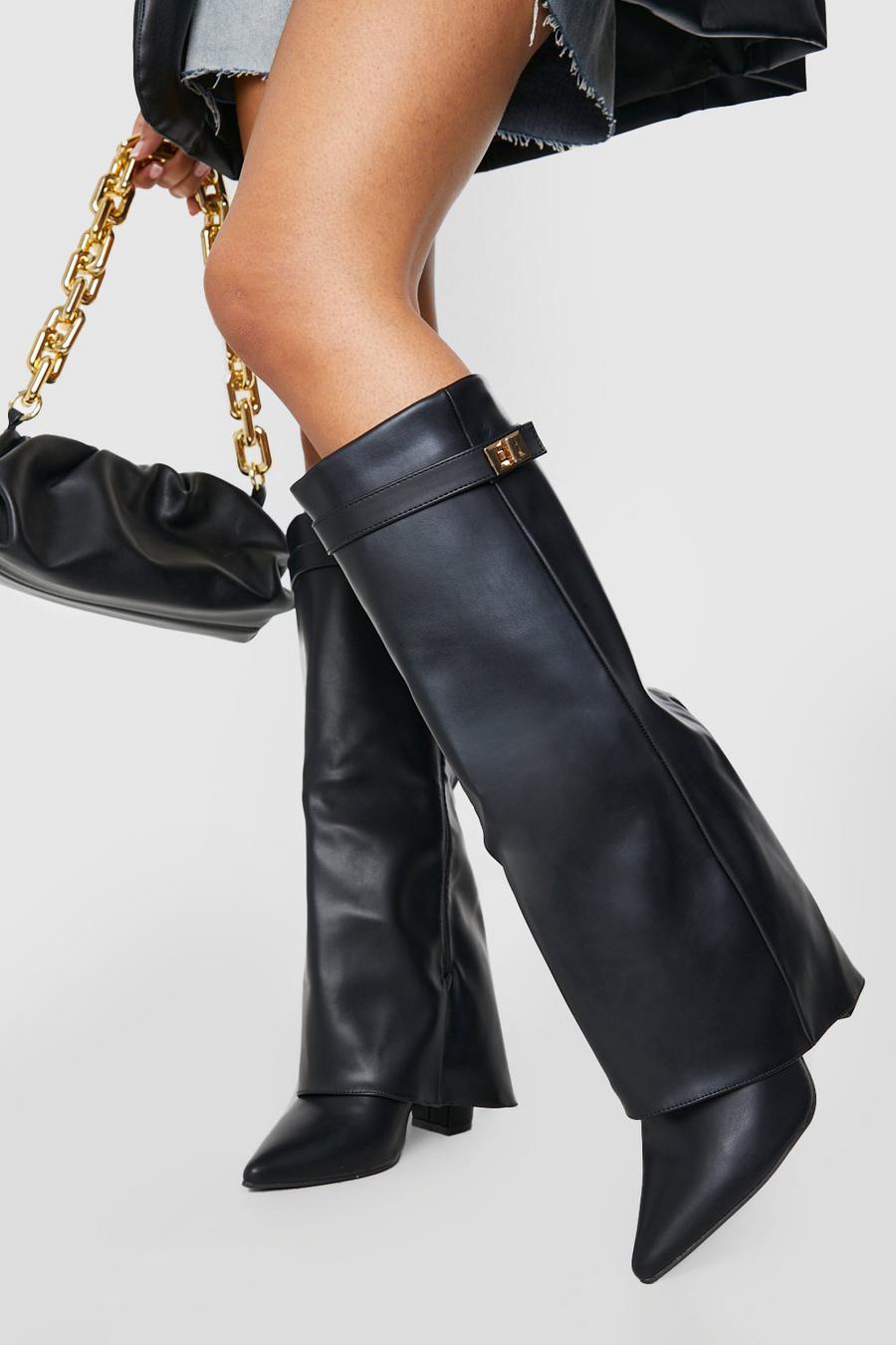 Black Fold Over Metal Detail Knee High Boots image number 1