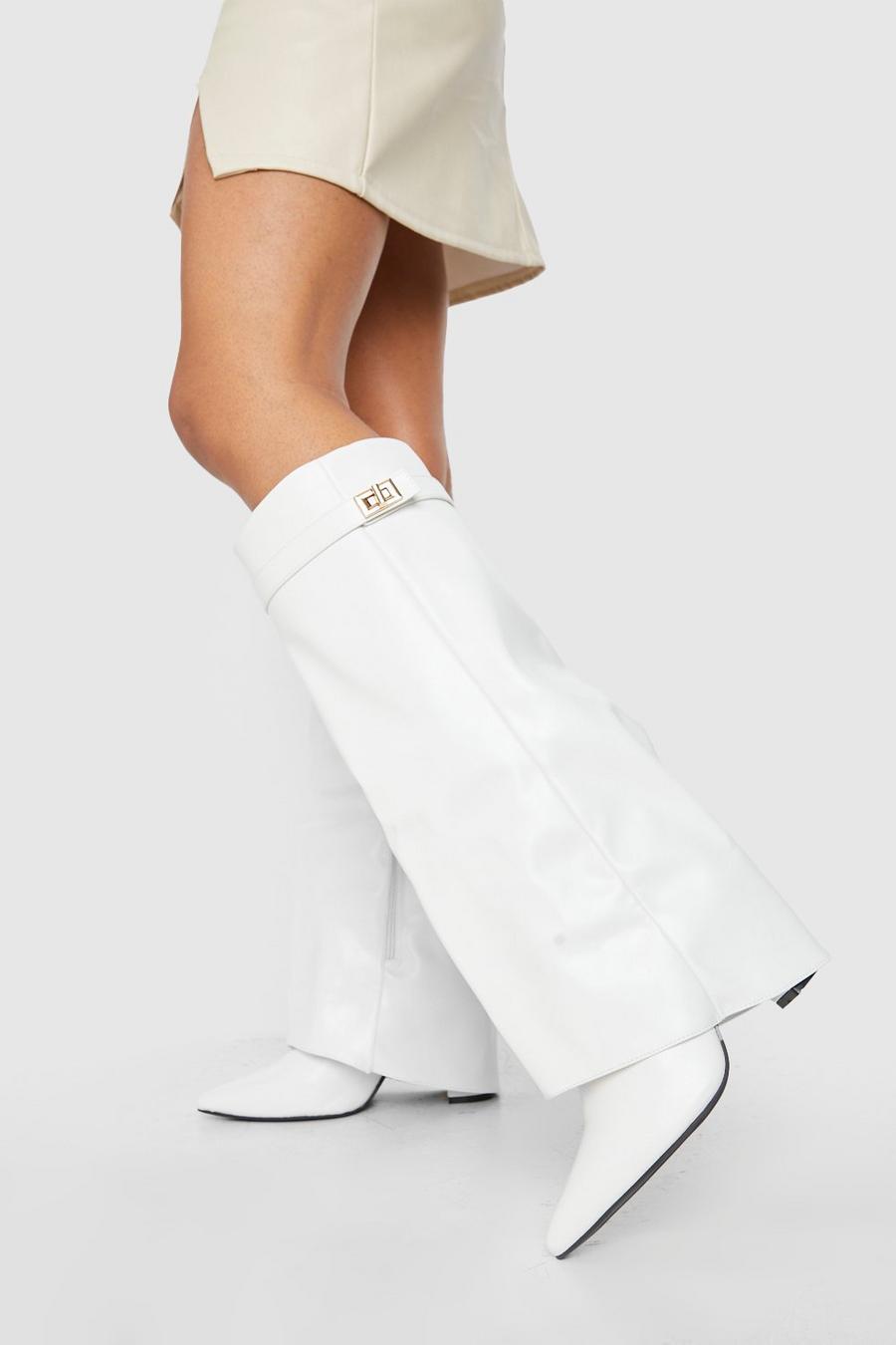 White Fold Over Metal Detail Knee High Boots image number 1