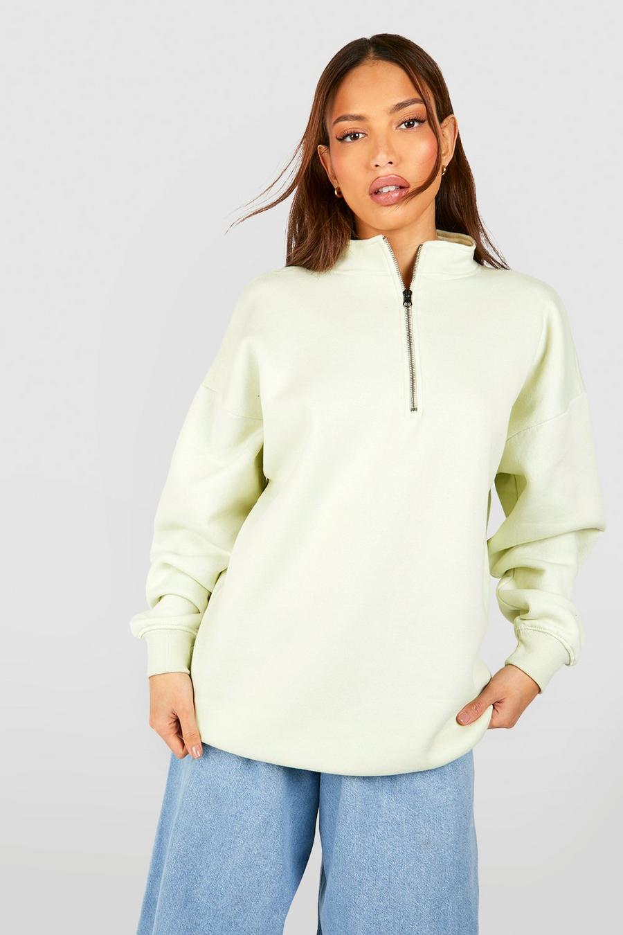 Tall Oversize Basic Sweatshirt mit halbem Reißverschluss, Sage image number 1