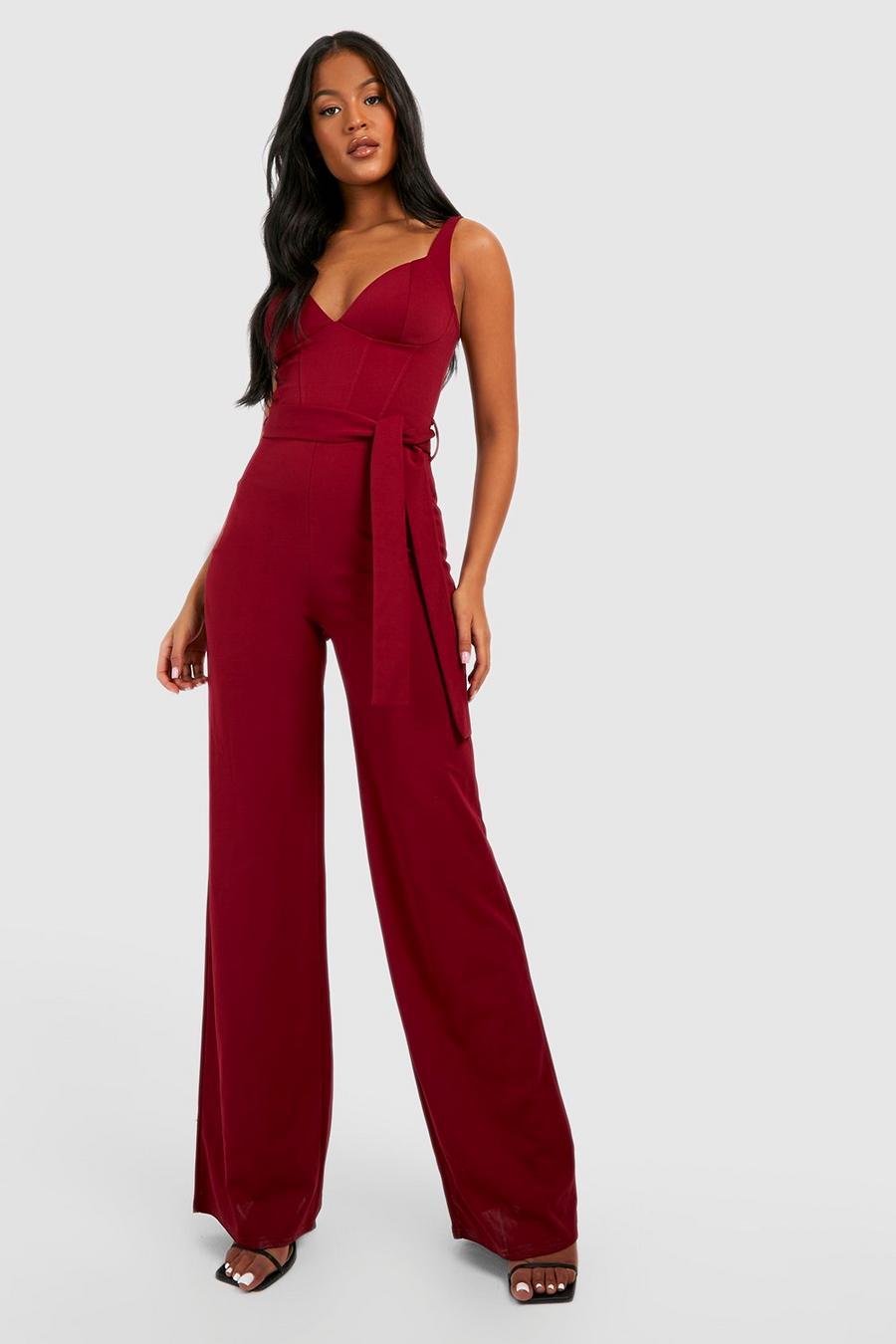 Berry rosso Tall Corset Belted Wide Leg Jumpsuit image number 1