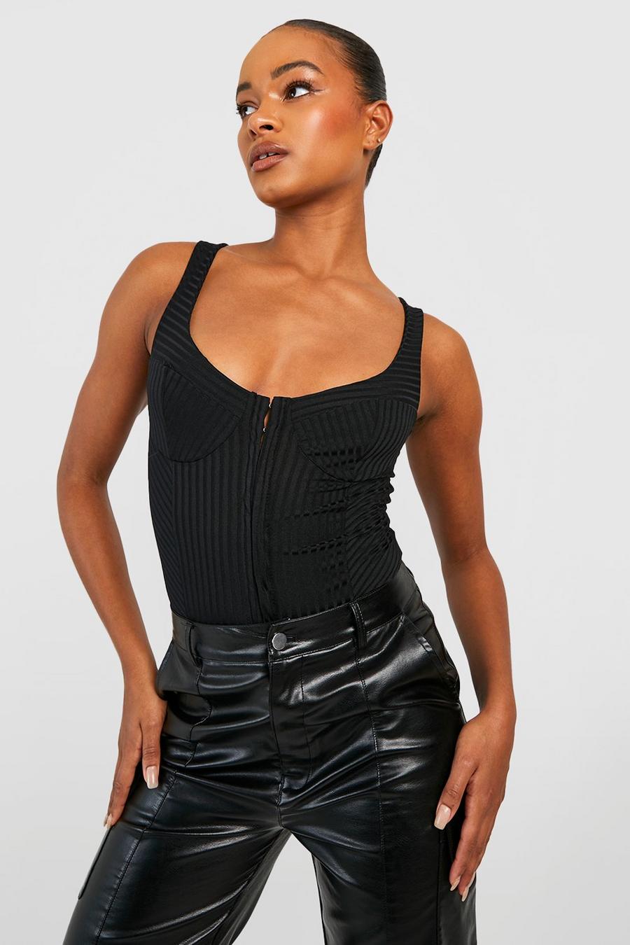 Black Tall Rib Vest Hook And Eye Corset Top image number 1