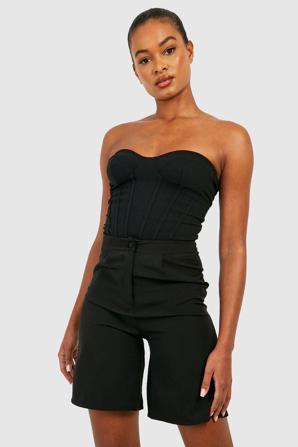 Black Longline Corset Top with Lace Cap Sleeve