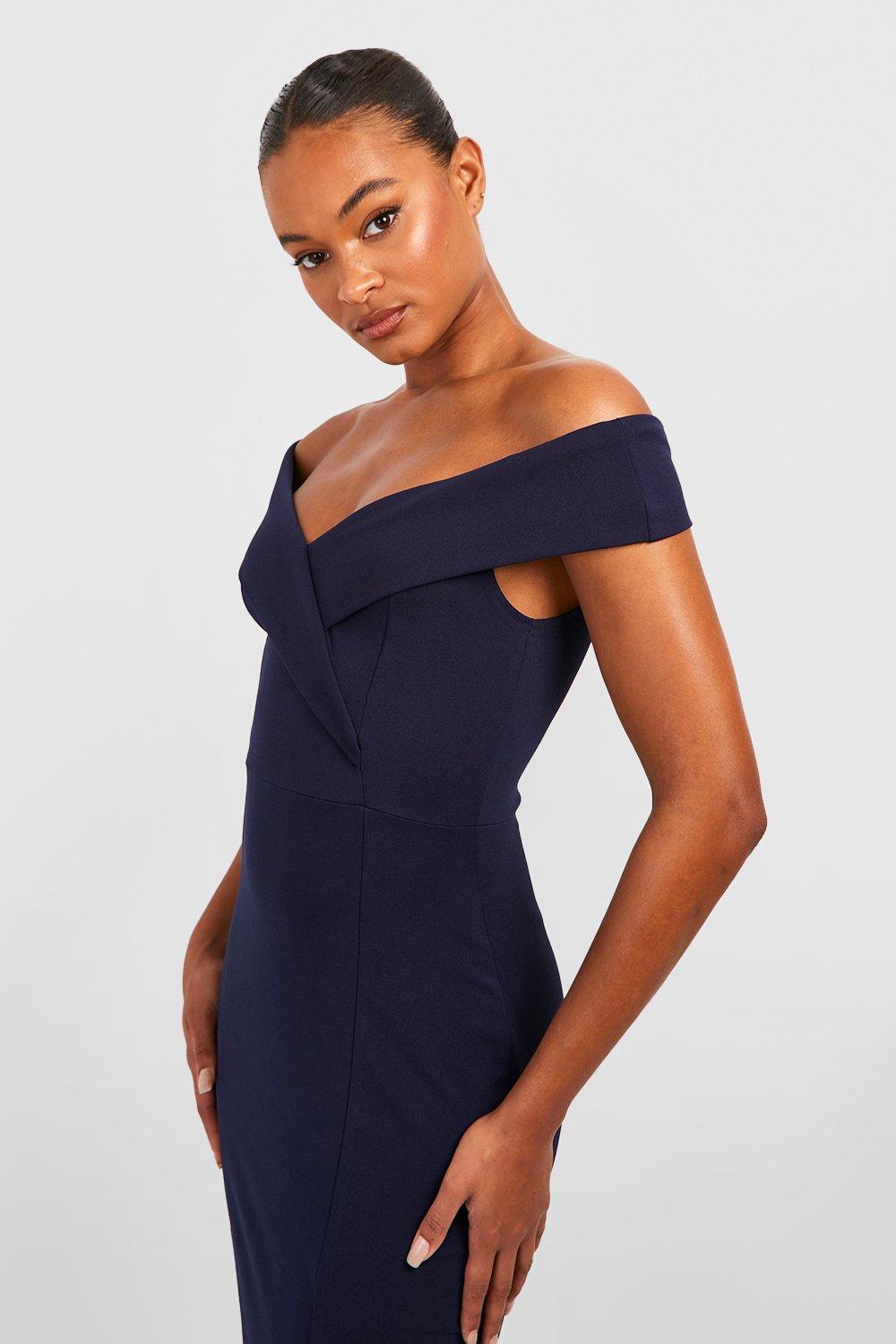 Navy bardot fold detail extreme split maxi outlet dress