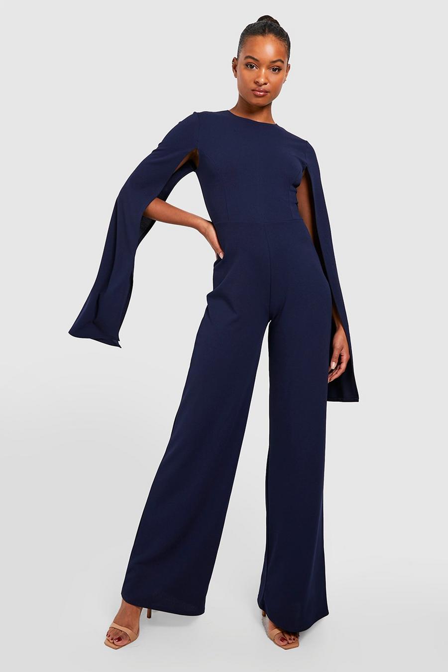 Navy Tall Cape Sleeve Wide Leg Jumpsuit image number 1