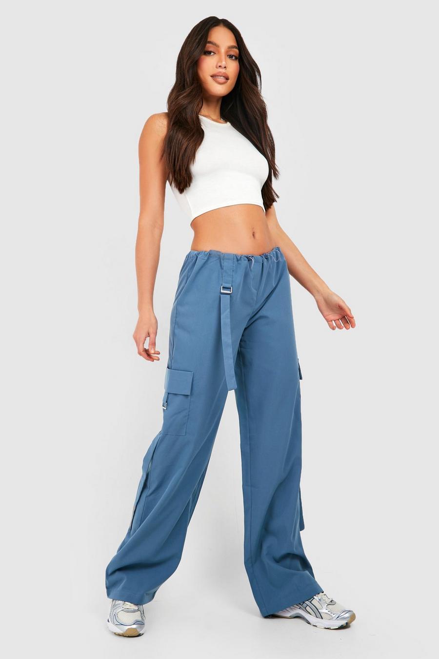 Ink blue Tall Toggle Waist Strap Detail Wide Leg Parachute Cargo Pant image number 1