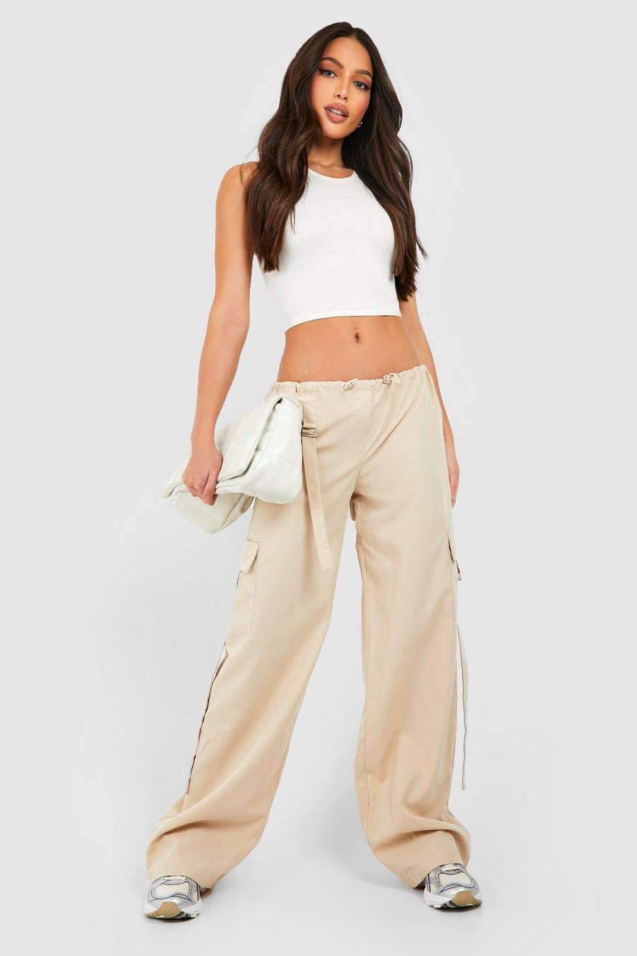 Stone Tall Toggle Waist Strap Detail Wide Leg Parachute Cargo Pant image number 1