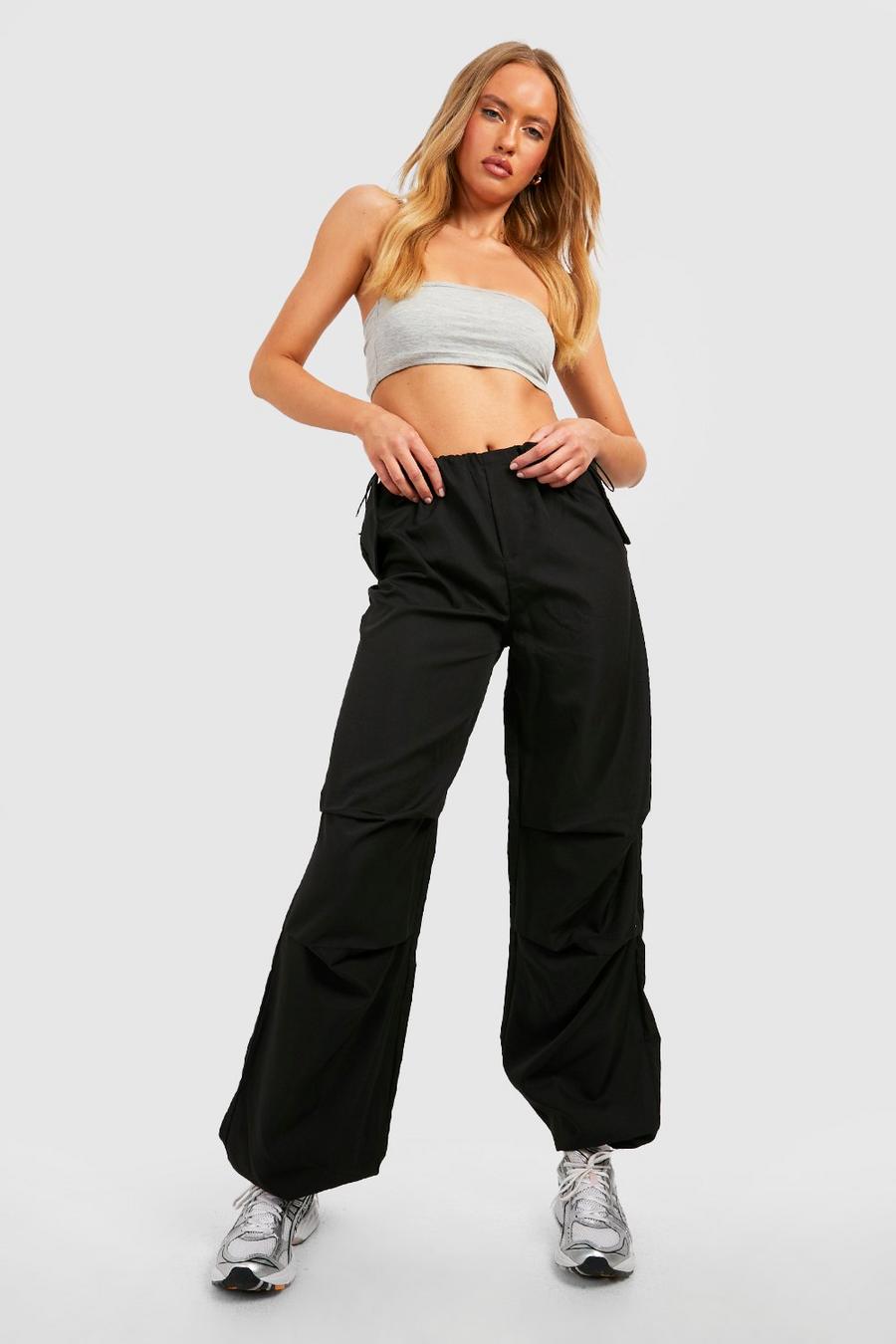 Black Tall Toggle Waistband Low Rise Parachute Cargo Pants image number 1