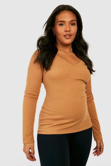 Plus Soft Jumbo Rib Fitted Plunge Long Sleeve Top camel