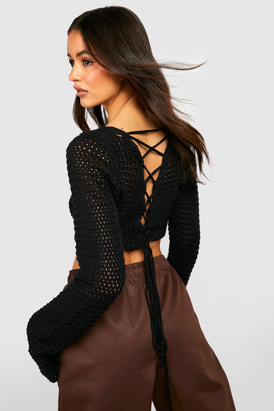 Black Lace Back Corset Crochet Top