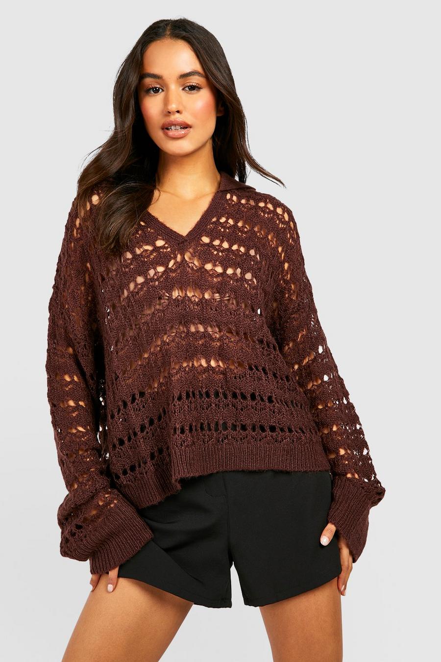Chocolate Soft Knit Crochet Collared Sweater image number 1