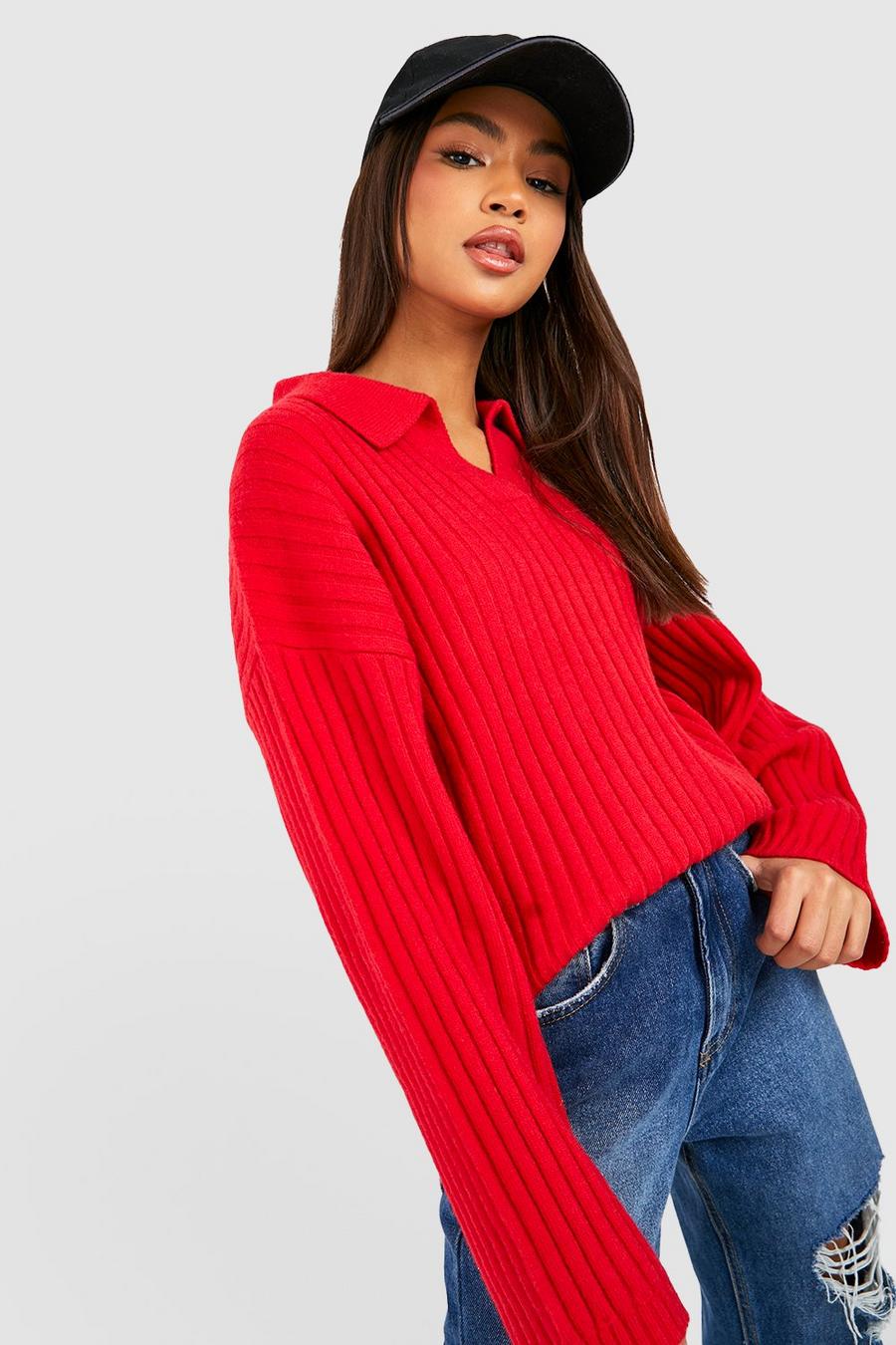 Red Soft Wide Rib Collared Jumper image number 1