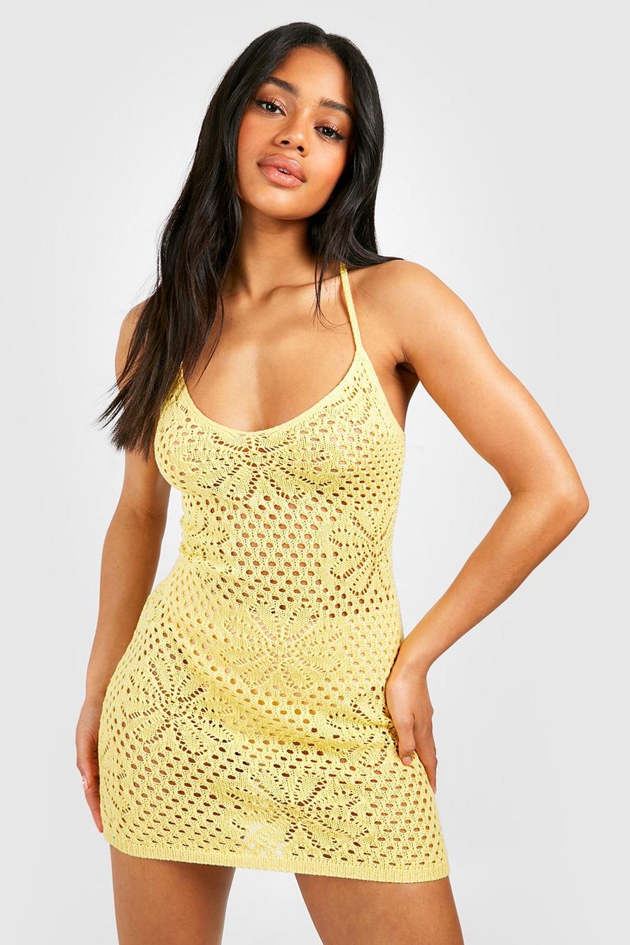 Lemon yellow Floral Knit Strappy Back Mini Dress