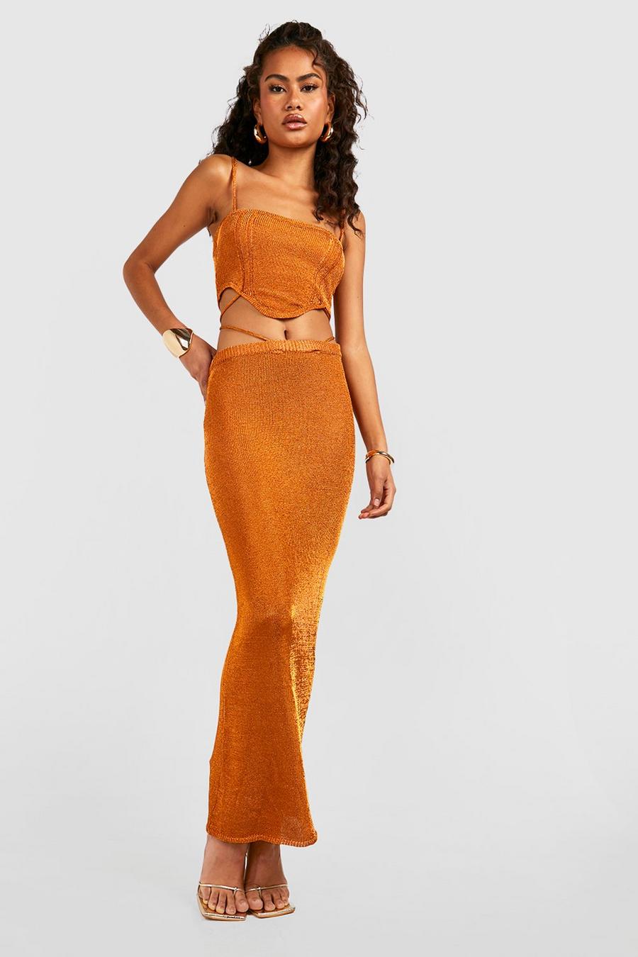 Orange Metallic Knitted Crop Corset Top And Maxi Skirt Set image number 1