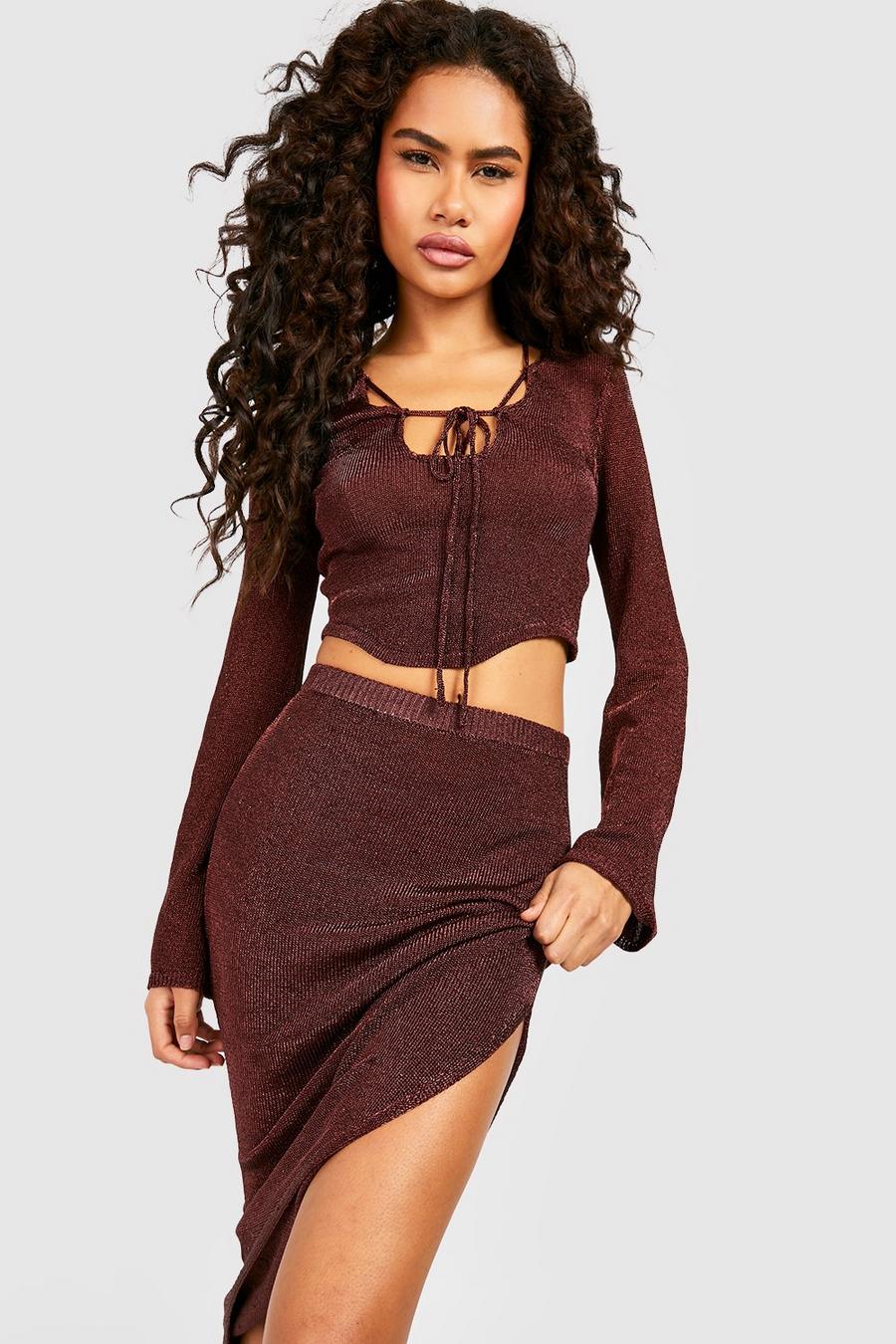 Chocolate Metallic Knitted Lace Up Corset Top And Asymmetric Skirt Set image number 1