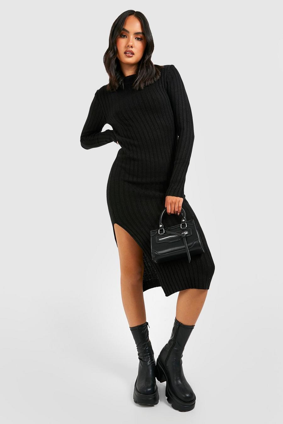 Black Side Split Rib Knitted Midi Dress image number 1