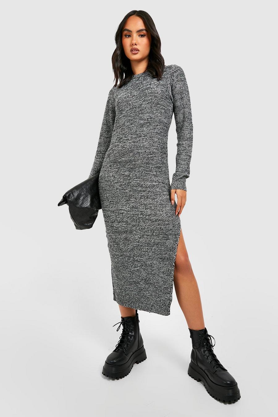 Charcoal Thigh Split Rib Knit Midi Dress