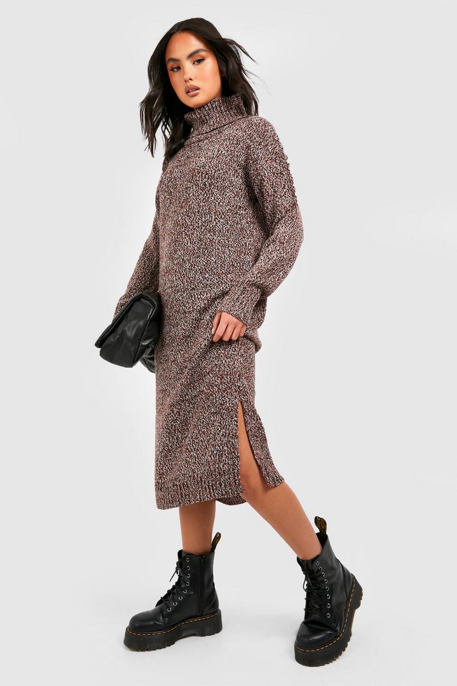 Brown Turtleneck Midi Sweater Dress image number 1