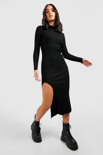 Black Turtle Neck Rib Knit Midi Dress