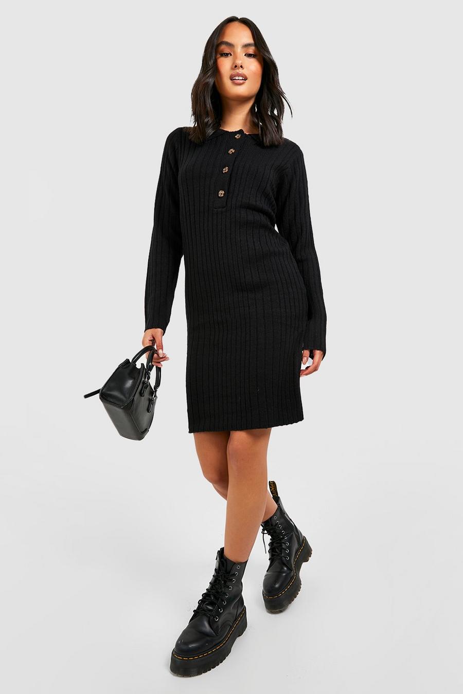 Black Polo Collar Rib Knit Mini Dress image number 1